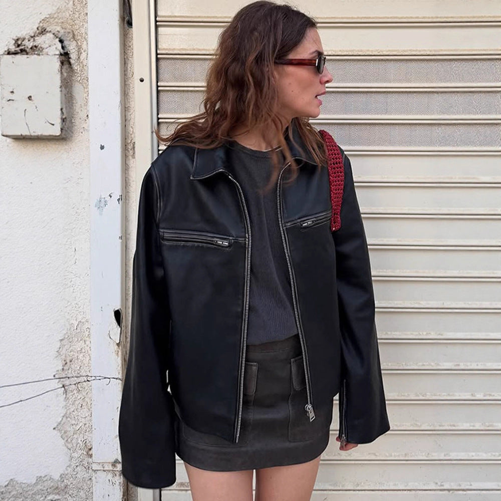 Women Boxy Faux Leather Jacket with Double Zipper and Chest Zippers Amarae