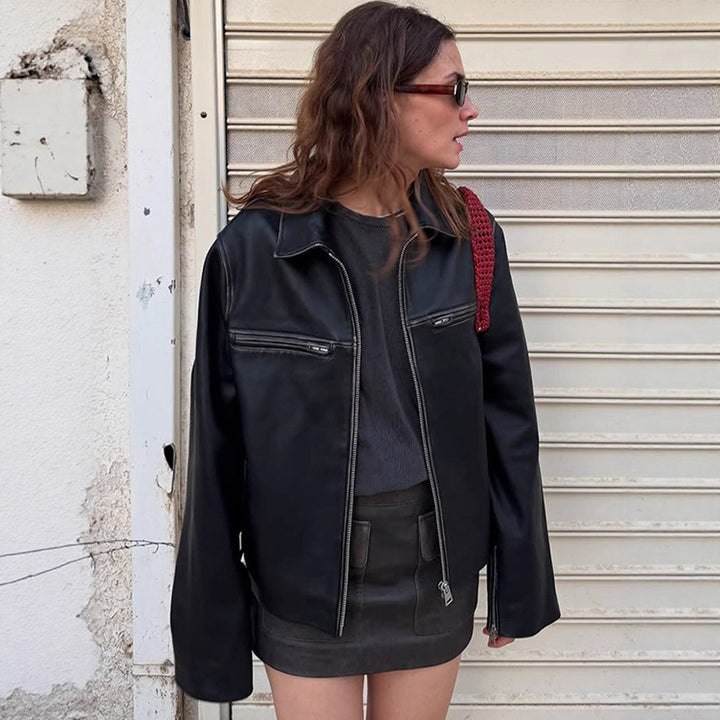 Women Boxy Faux Leather Jacket with Double Zipper and Chest Zippers Amarae