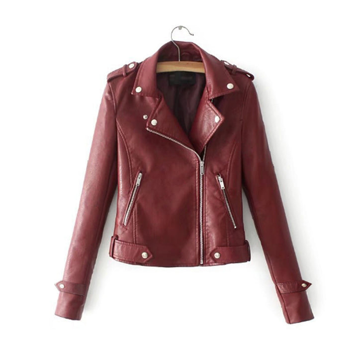 Women's faux leather motorcycle jacket with asymmetrical zipper and decorative studs Lune Londonl