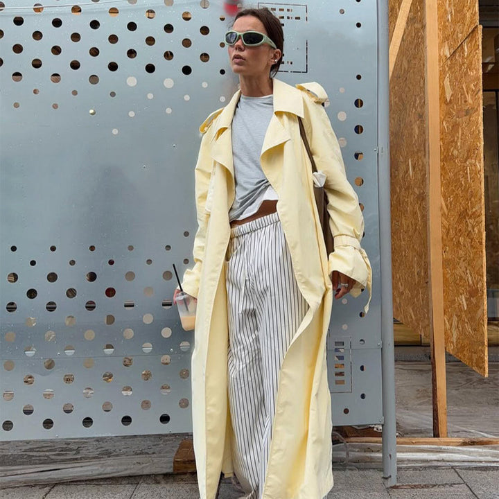Women's Lightweight Long Trench Coat with Oversized Silhouette, Wide Shawl Collar and Extended Sleeves Amarae