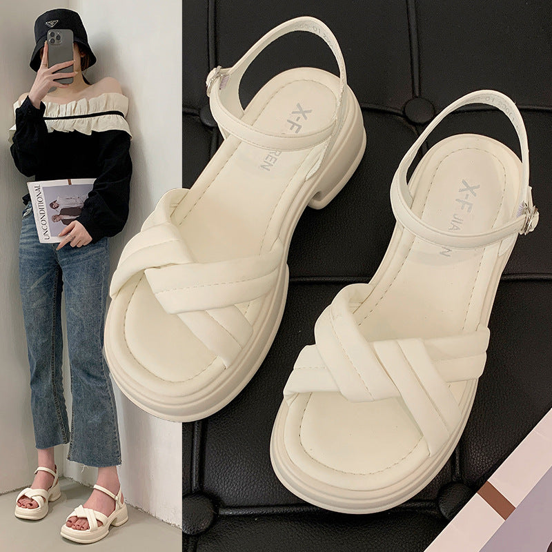 Women's sandals with stylish crossed straps and a comfortable block heel Lune London