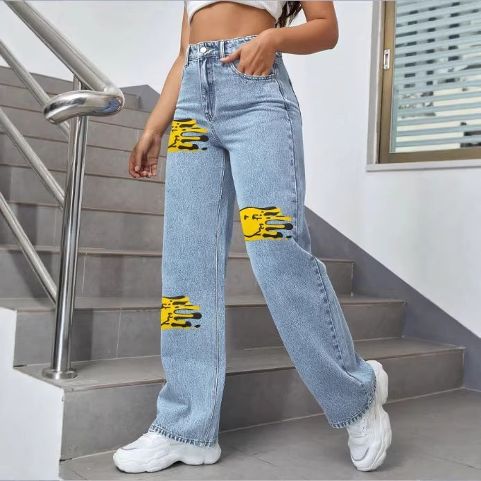 Ladies high-waisted wide denim jeans with striking print spot accents Amarae