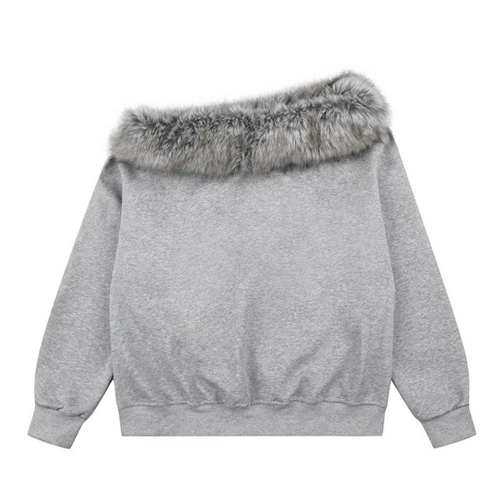 Women's Off-Shoulder Sweatshirt with Fake-Fur Collar, Relaxed Fit and Vintage Flag Print Amarae