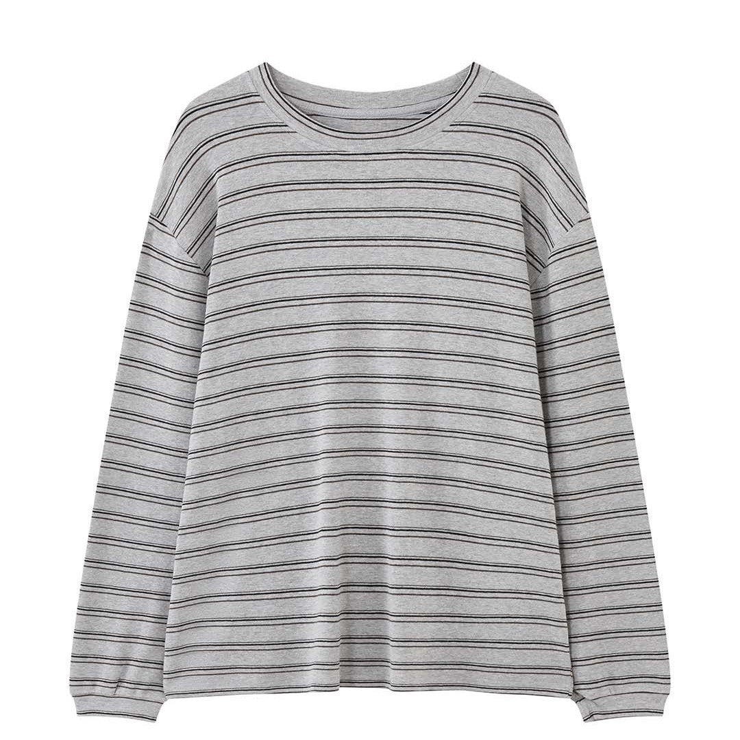 Women Casual Oversized Long Sleeve Shirt with Fine Striped Pattern and Dropped Shoulder Amarae