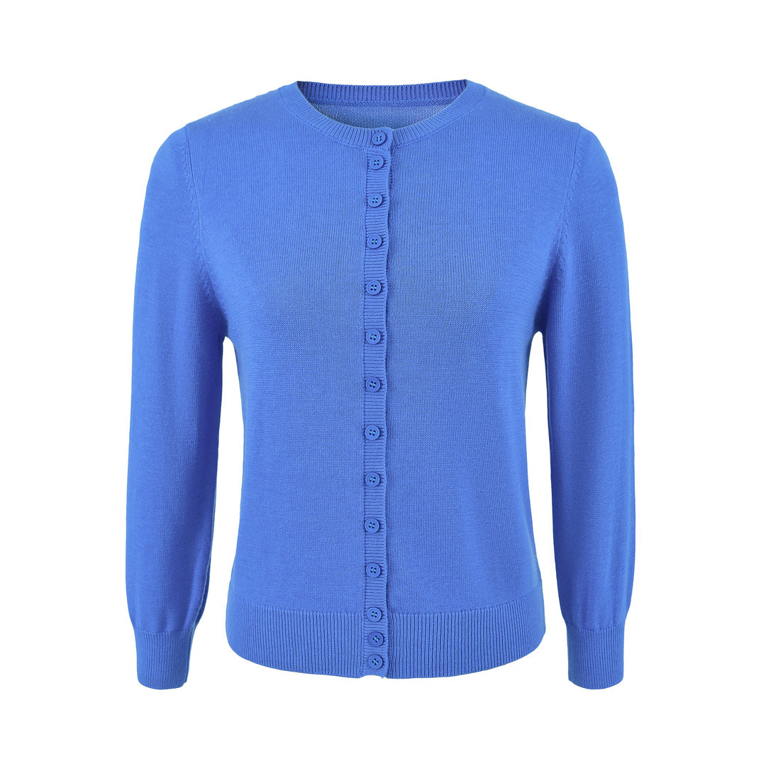 Ladies finely knitted round neck cardigan with button placket and ribbed cuffs Amarae