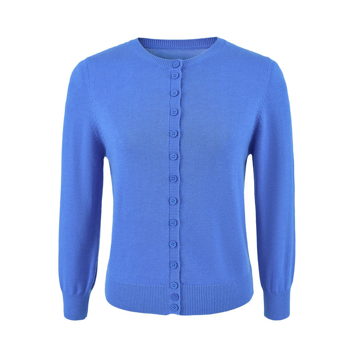 Ladies finely knitted round neck cardigan with button placket and ribbed cuffs Amarae