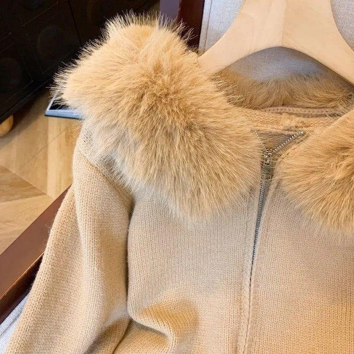 Womens knit jacket with removable faux fur hood and fitted cut Lune London
