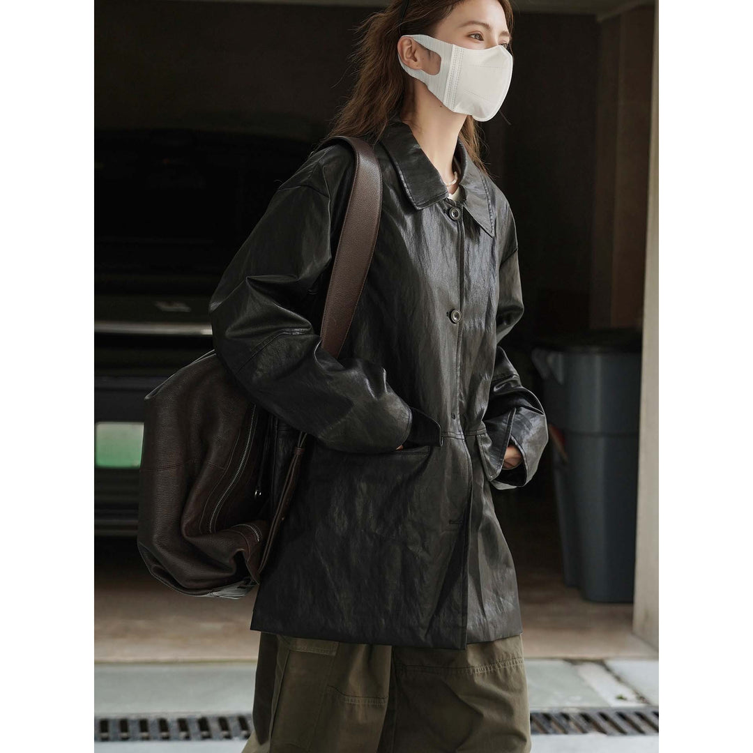 Women's Long Cut Oversized Leather Jacket with Shirt Collar and Patch Pockets Amarae