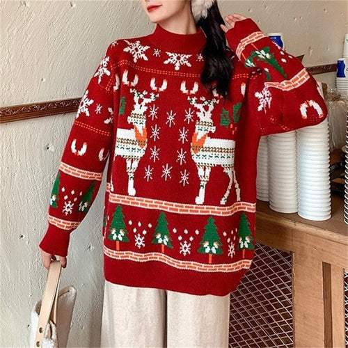 Festive sweater for women with 3D reindeer pattern and high collar Amarae