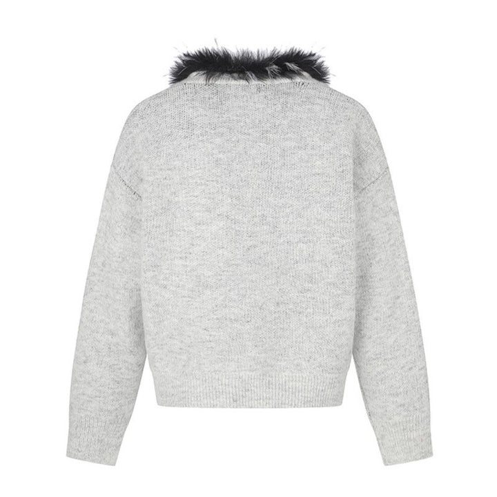 Women's cardigan with faux fur collar and illustrative dog motif Amarae