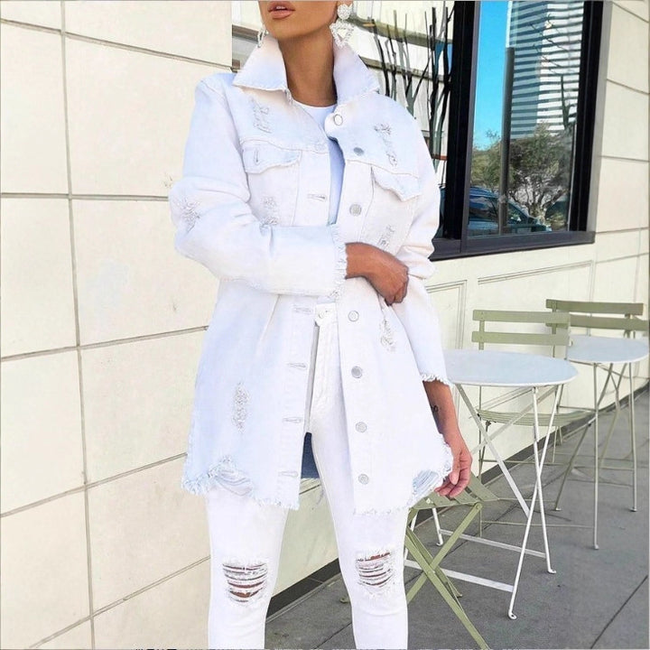 Ladies Longline Denim Jacket with Destroyed Details and Fringed Hem Amarae