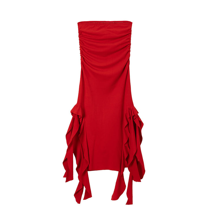 Lune London asymmetric hem gathered maxi dress for ladies