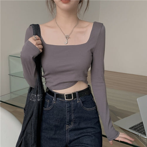 Women’s Long Sleeve Crop Top with Elegant Square Neckline and Flattering Fit