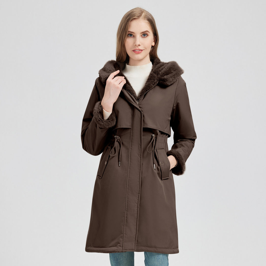 Elegant and warm women's parka with removable faux fur collar and practical lace details Lune London
