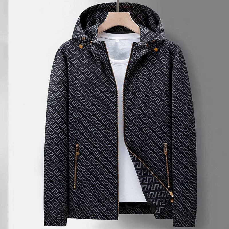 Men's Lightweight Hooded Pattern Jacket made of Microfiber with Urban Geometry Print Amarae