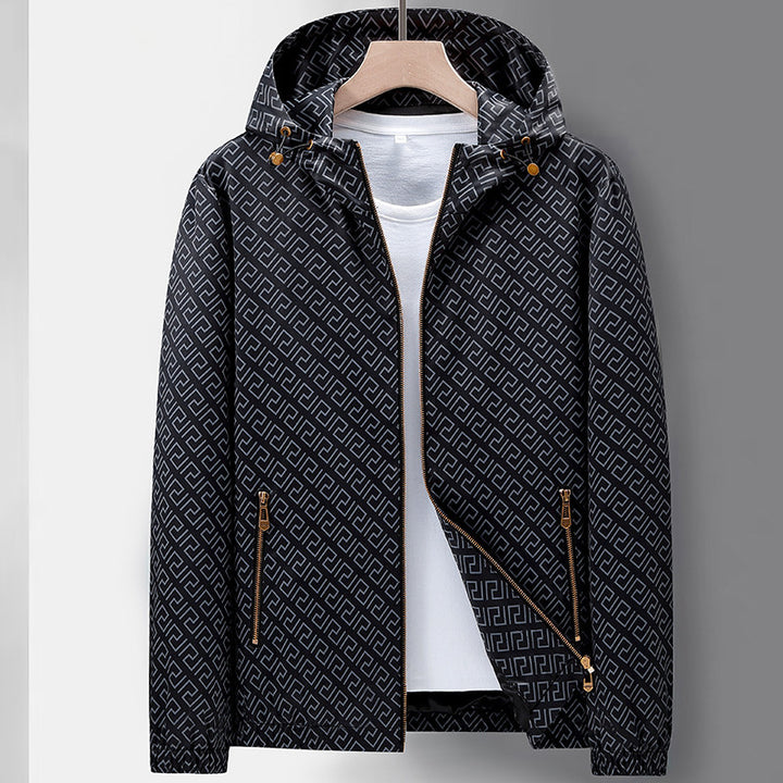 Men's Lightweight Hooded Pattern Jacket made of Microfiber with Urban Geometry Print Amarae