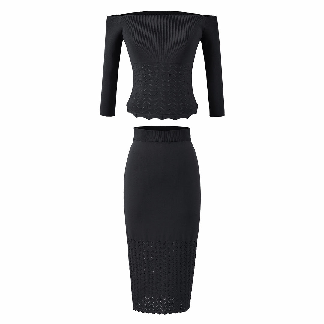 Women's Two-Piece Knit Set with off-the-shoulder Neckline and Bodycon Pencil Skirt Amarae