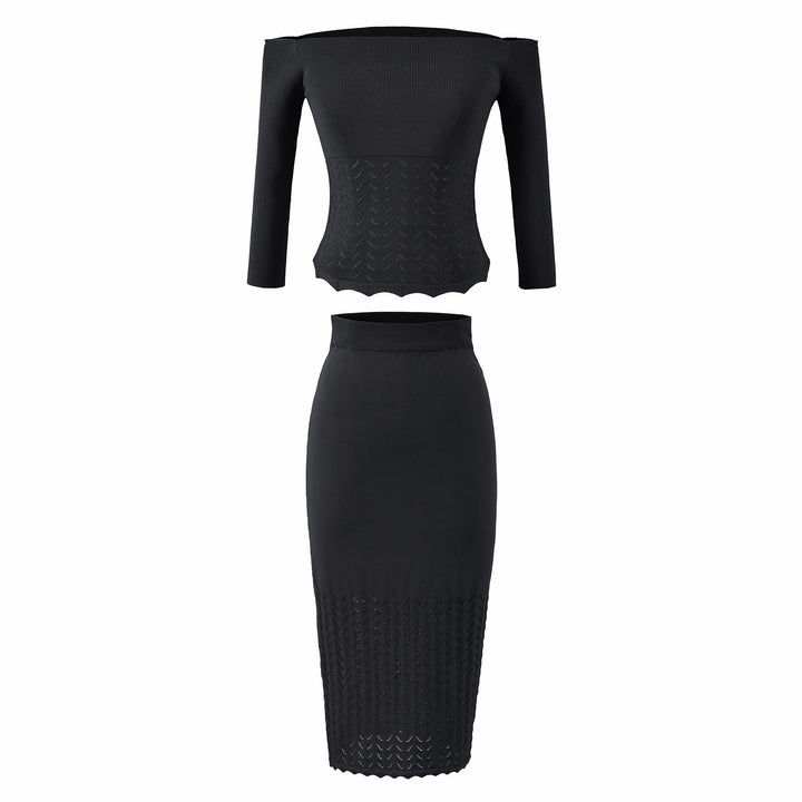 Women's Two-Piece Knit Set with off-the-shoulder Neckline and Bodycon Pencil Skirt Amarae