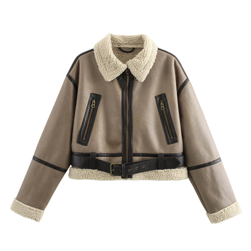 Casual leather jacket for women with faux fur collar and adjustable belt Amarae