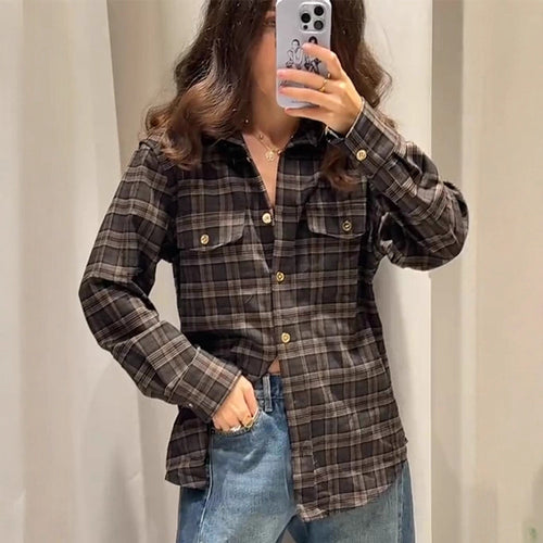 Women Checked Overshirt with Chest Pockets and Gold Snap Buttons Amarae