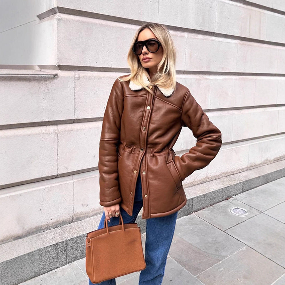 Women's Tailored Faux Leather Jacket with Drawstring, Teddy Collar and Snap Button Placket Amarae