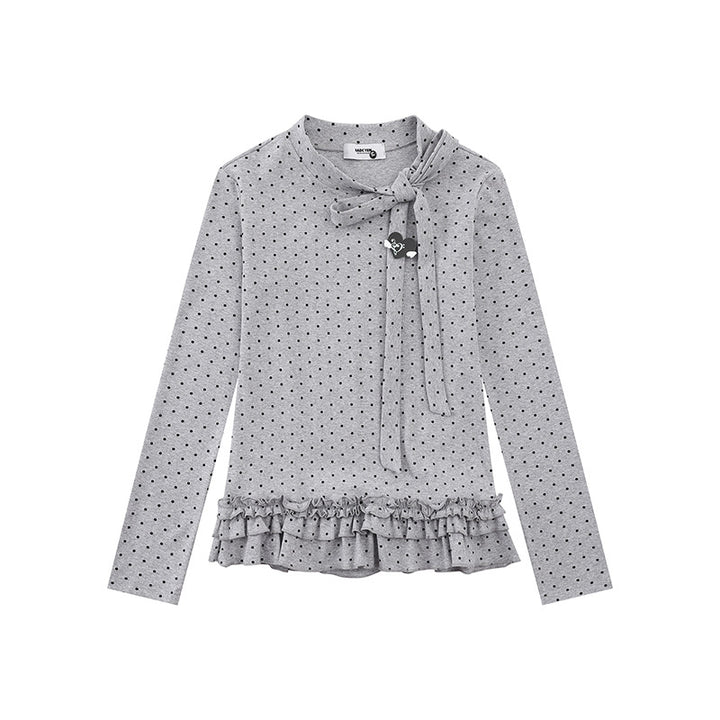 Women's long sleeve top with bow collar, polka dot print and double ruffle hem