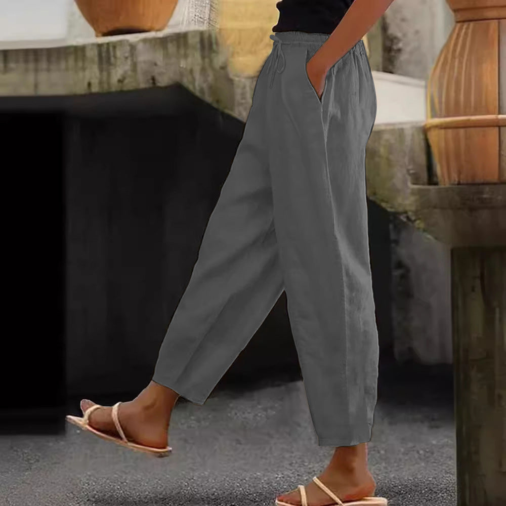 Women's Linen Blend Cropped Pants with Elastic Waistband, Drawstring and Side Pockets Amarae
