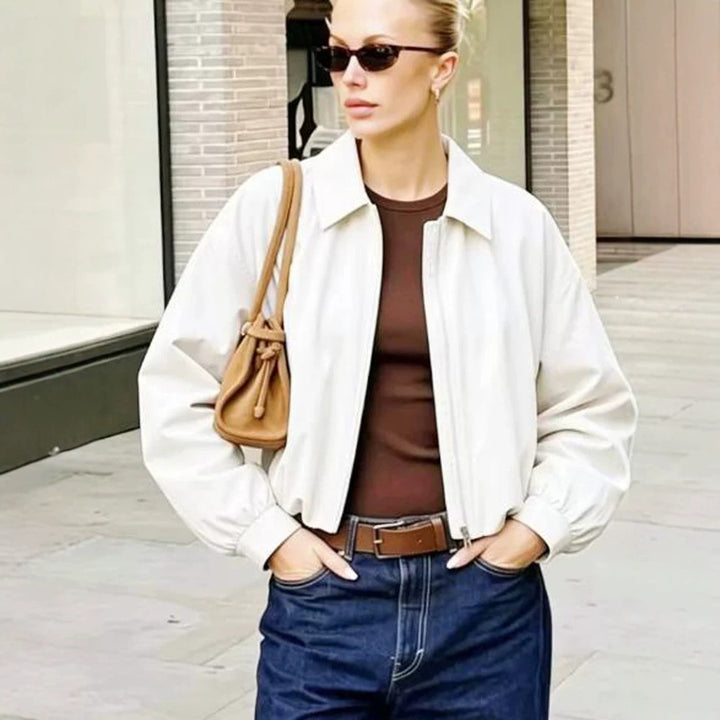 Women's Short Boxy Shirt Jacket with Zipper and Elastic Hem Amarae