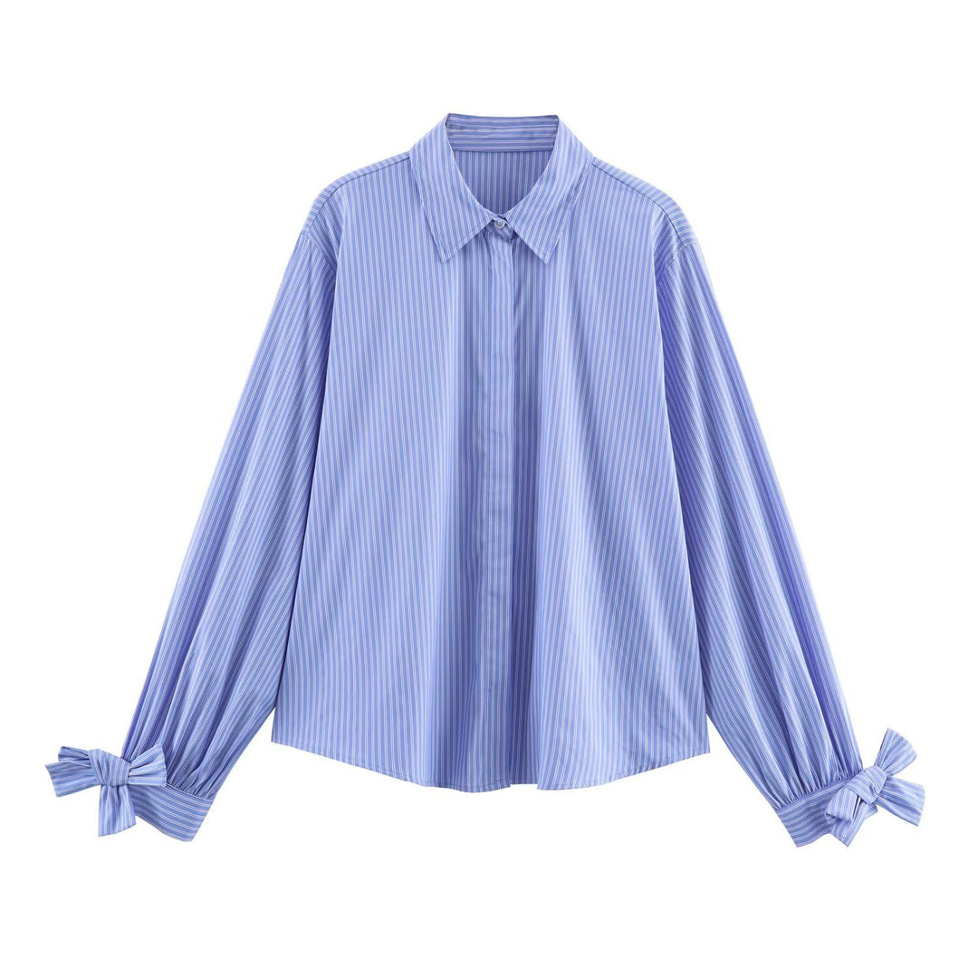 Women's oversized shirt blouse with classic collar, balloon sleeves, and bow cuffs Amarae