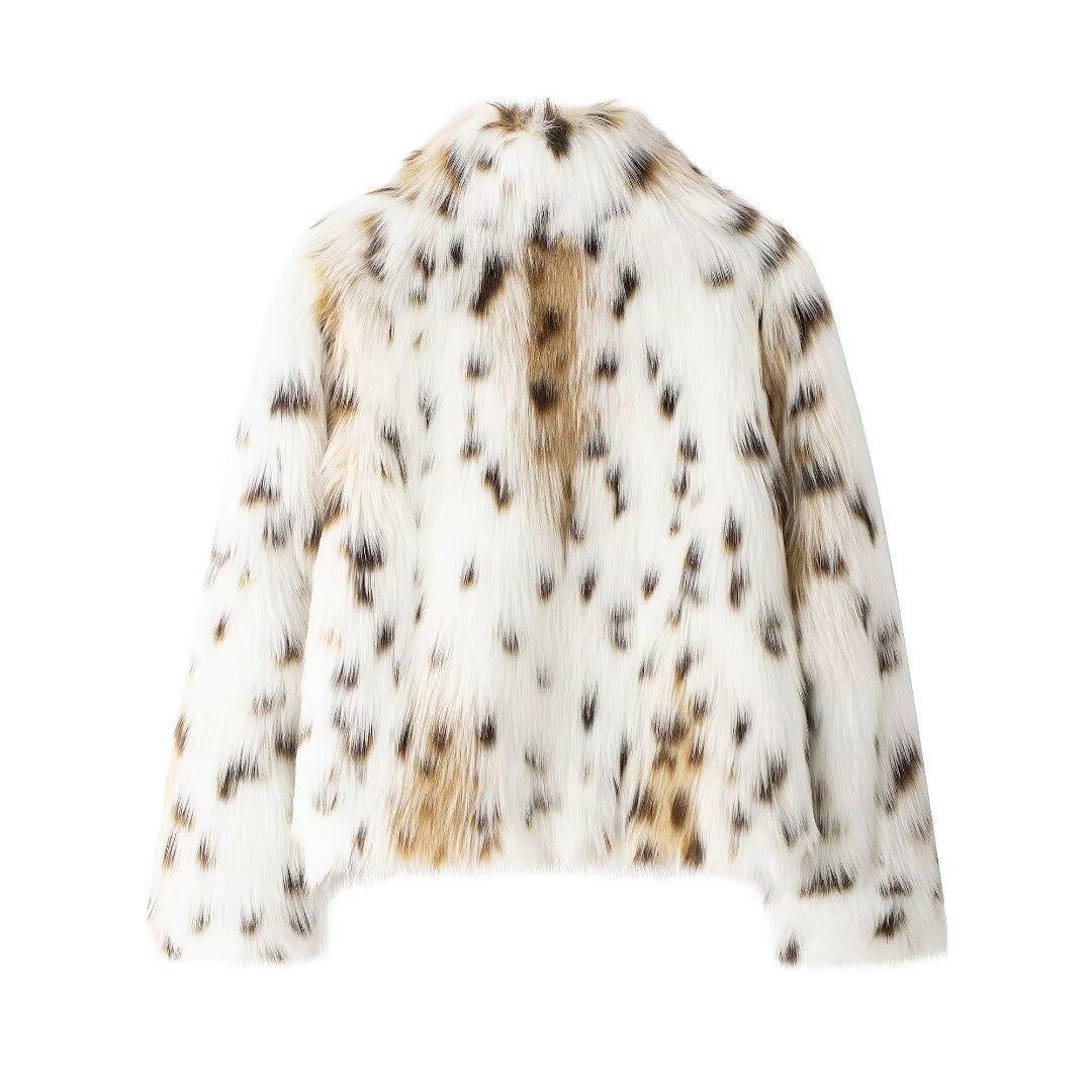 Women Short Faux-Fur Jacket with Dotted Lynx Print and Minimalist Stand Collar Amarae