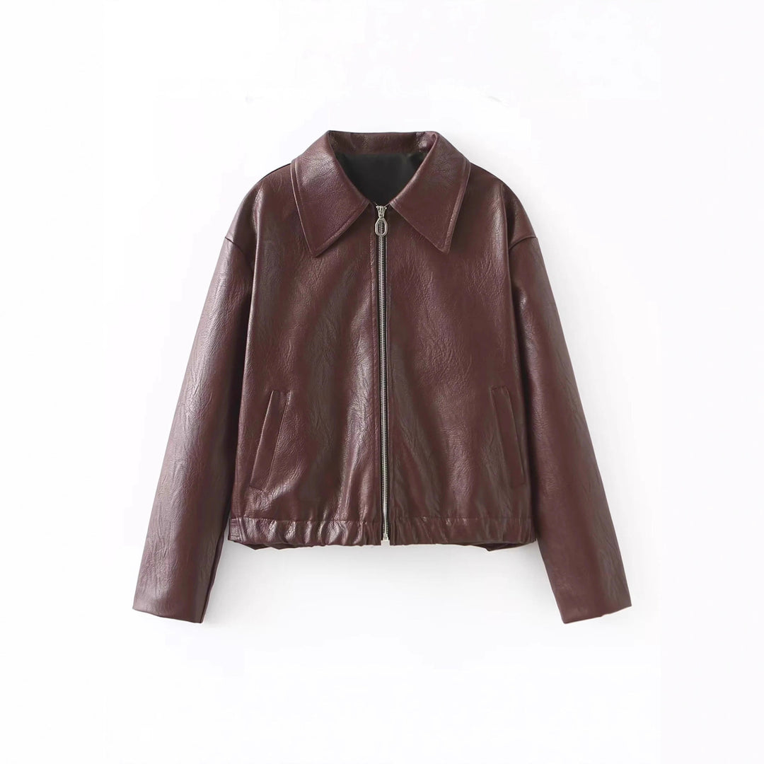 Trendy faux leather jacket for women with oversized collar Lune London