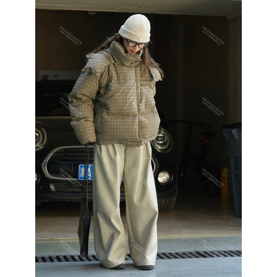 Women Short Cut Quilted Check Pattern Padded Jacket with Hood Amarae