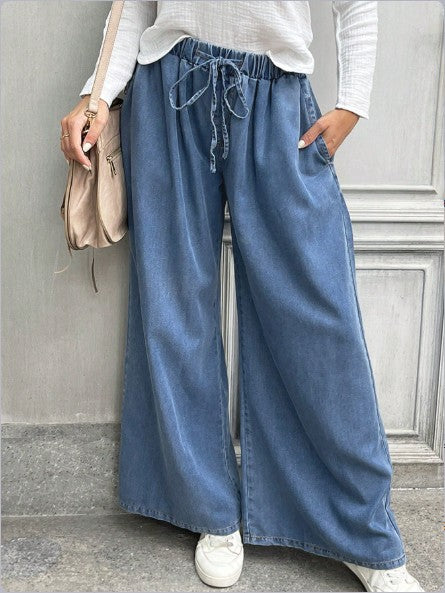Women's Long Denim Maxi Skirt with Drawstring Waist, Wide A-Line Cut and Side Pockets Amarae