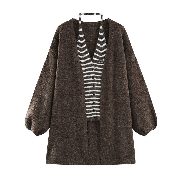 Women's Oversized Knit Cardigan with Balloon Sleeves and Striped Trim Button Placket Amarae