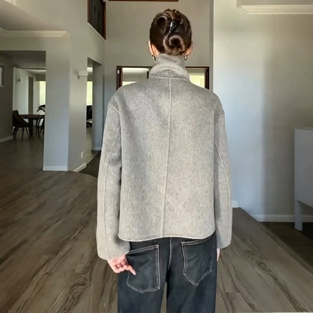 Women's Short Wool Blend Coat with Asymmetrical Button Placket and High Standing Collar Amarae