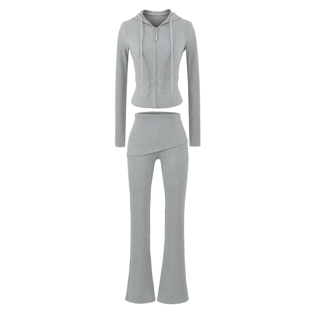 Women's Ribbed Lounge Set with Hooded Jacket and Wrap Waist Pants Amarae