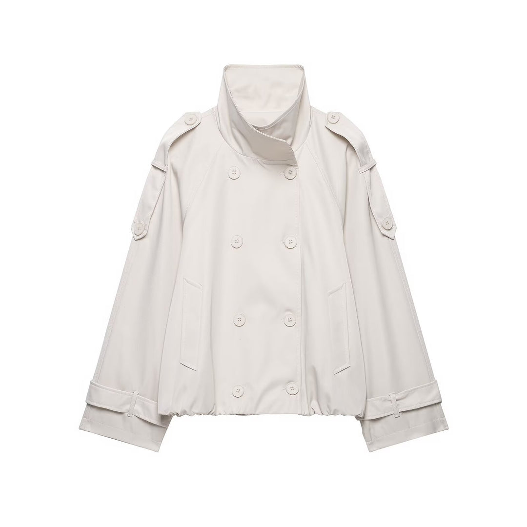 Women Short Cut Cape Trench with High Funnel Collar and Double-Breasted Button Placket Amarae