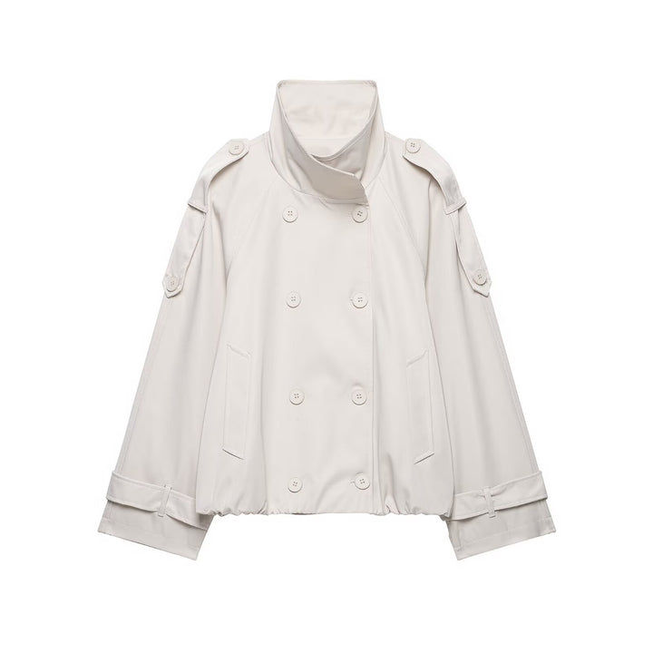 Women Short Cut Cape Trench with High Funnel Collar and Double-Breasted Button Placket Amarae