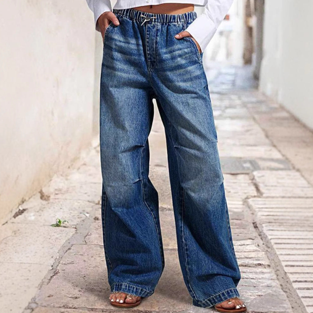 Women's Wide Denim Pants with Elastic Waist and High Pockets Lune London