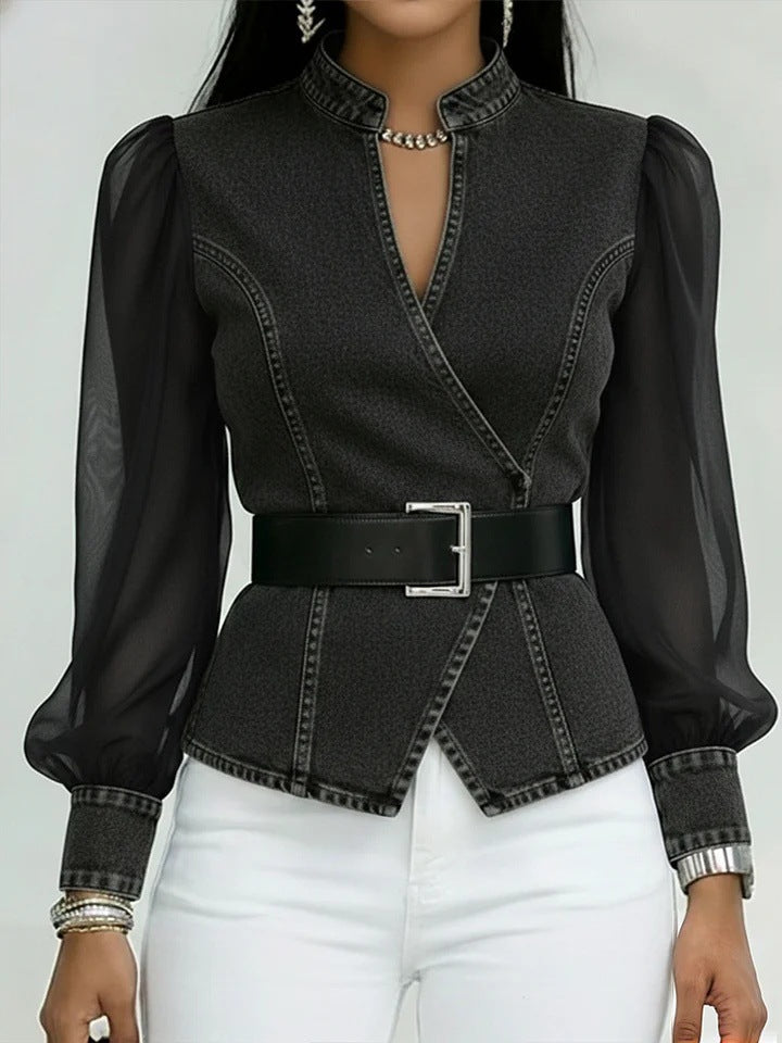 Women’s jeans blouse with transparent sleeves and tailored design Chic & Stil