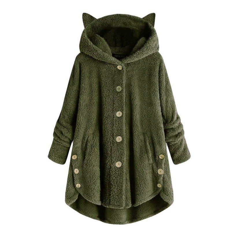 Women's Hooded Teddy Coat with Cat Ears, Button Placket and Asymmetrical Hem Amarae