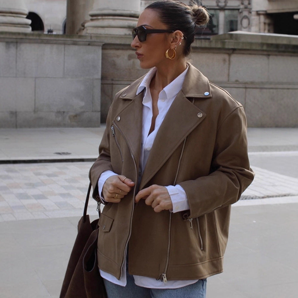 Women Oversize Biker Jacket made of suede imitation with asymmetric zipper Amarae