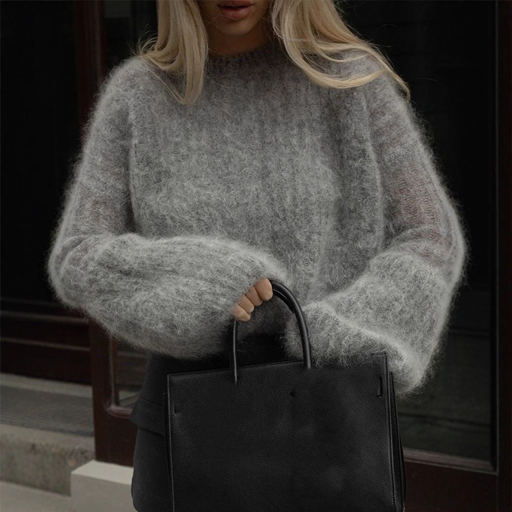 Women's Oversized Mohair Sweater with voluminous Balloon Sleeves and Fine Knit Collar Amarae