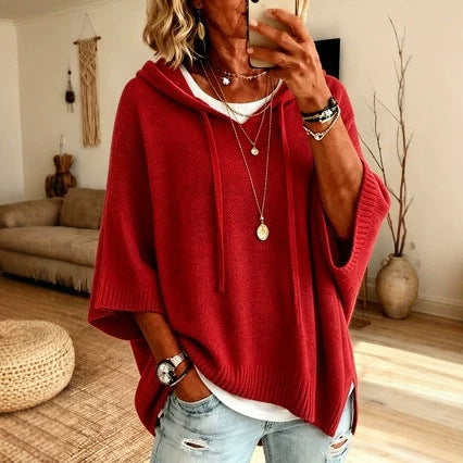 Ladies Oversized Knit Poncho with Hood, Batwing Sleeves and Side Slits Amarae