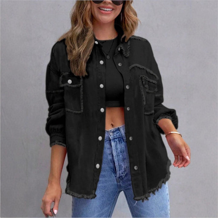 Women's Oversized Denim Utility Jacket with Frayed Edges and Flap Pockets Amarae