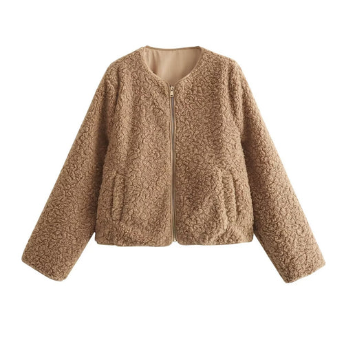 Ladies teddy coat with zipper and practical pockets Amarae