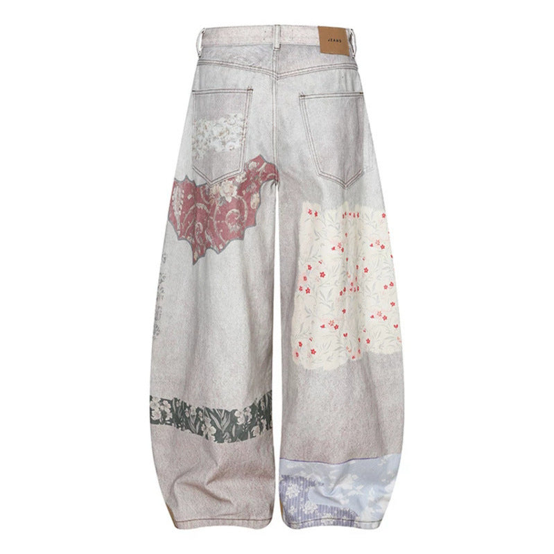 Women's Wide High-Waist Culotte Jeans with Patchwork Print and Balloon Silhouette Amarae
