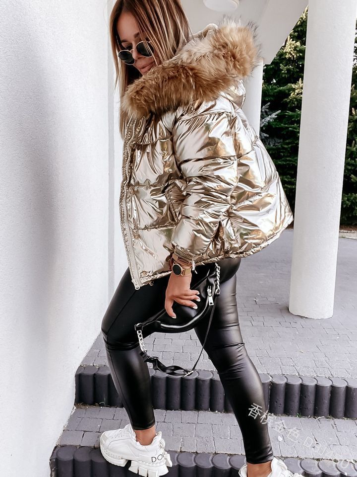 Women Shiny Winter Jacket with Removable Hood and Faux Fur Collar Lune London