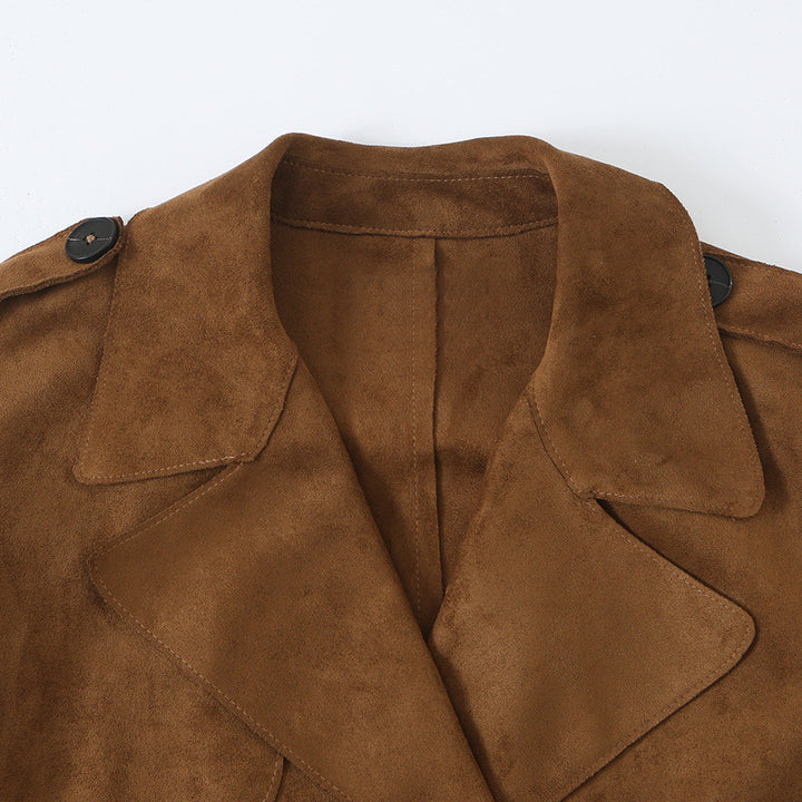 Women's Tailored Short Trench in Suede Look with Double-Breasted Button Placket and Epaulettes Amarae