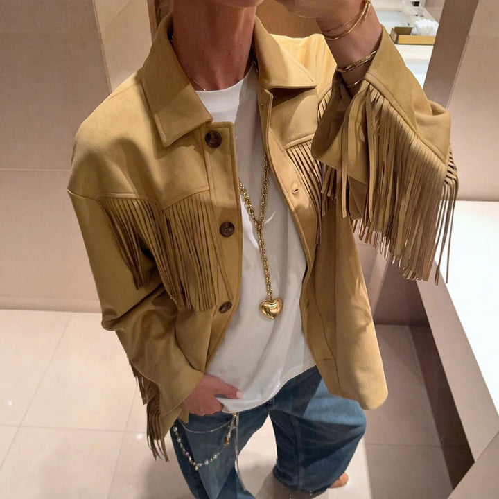Women’s Oversize Fringe Jacket in Western Style made of Suede-Look with Shirt Collar Amarae